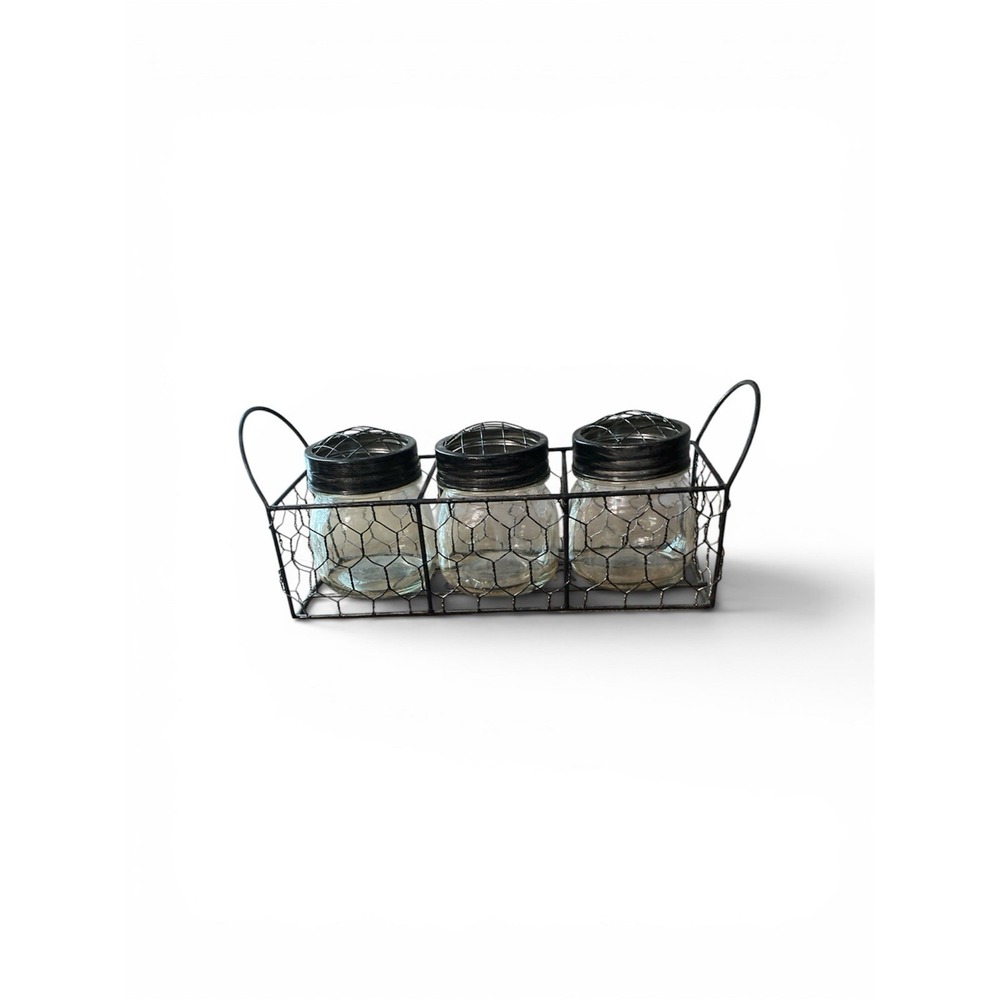 Farmhouse Style 3 Jars With Floral Frog Wire Mesh Lids & Metal Basket - Picture 1 of 1